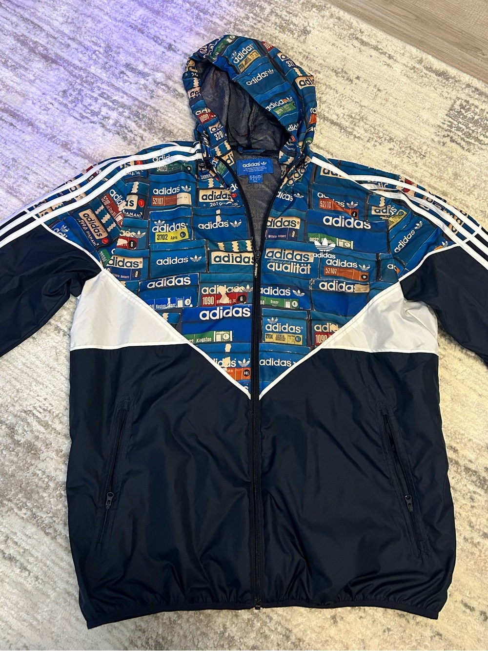 Unisex adidas Blue Logo-Print Hooded wind jacket